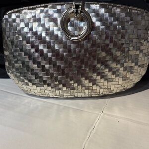 Rodo Silver Woven Clutch with Circular Detail
